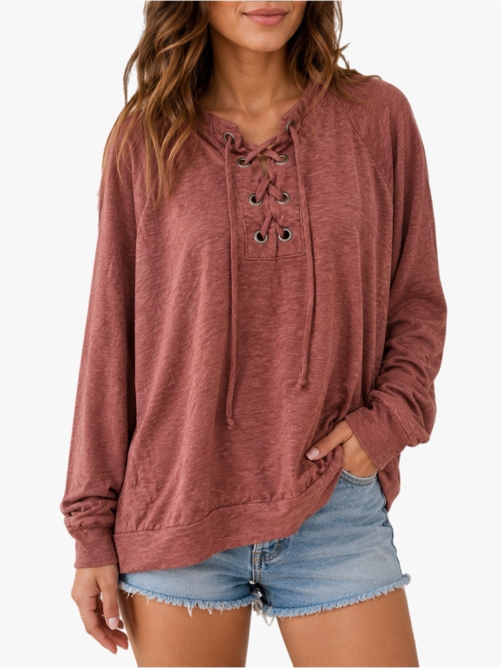 Cherish Oversized Lace Up Pullover Sweatshirt Eyelet Detail Size Medium Mauve